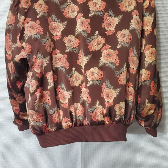 Saks Fifth Avenue Real Clothes Bomber Jacket Womens Large 100% Silk Brown Floral - Picture 7 of 11